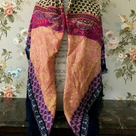 Tarnish - Large Square Paisley Patchwork Scarf - Coral, Navy, Purple, Yellow - Picture 6 of 14